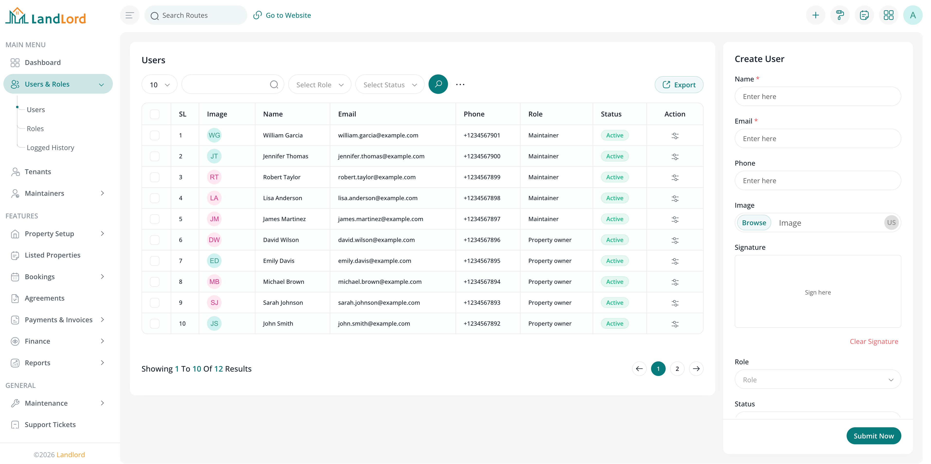 User management screen